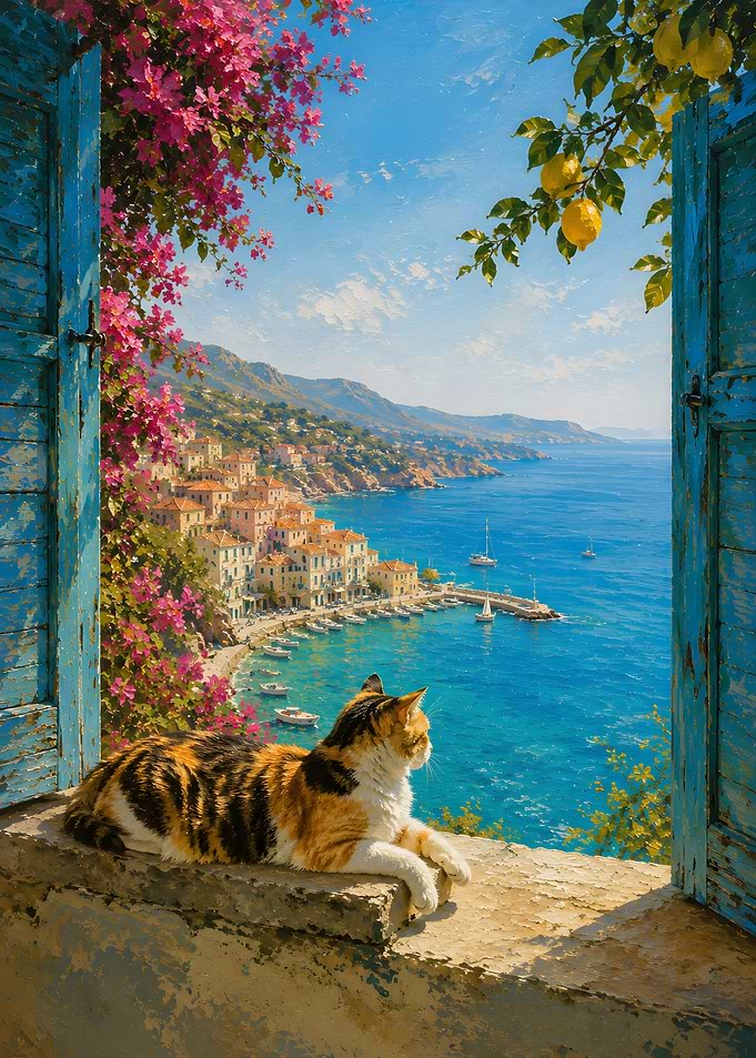 Calico Cat Overlooking Mediterranean Coast