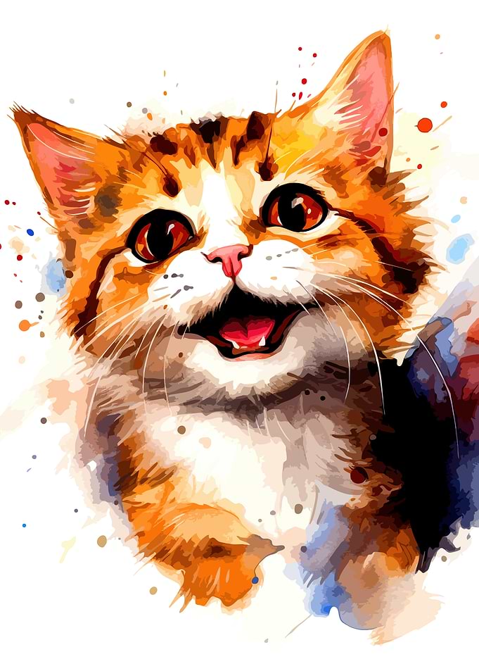 Watercolor Portrait of a Happy Kitten
