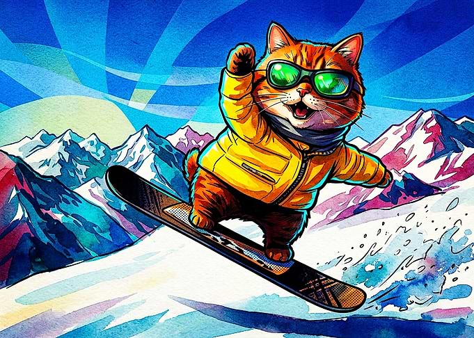Cool Cat Snowboarding in Mountains