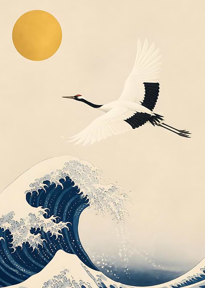 Red-Crowned Crane Over Great Wave