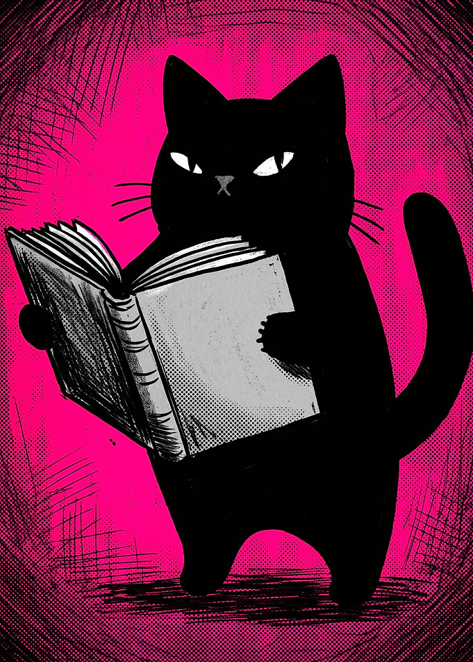 Black Cat Reading a Book