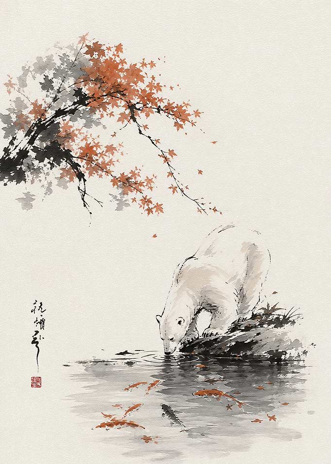 Polar Bear Drinking by Autumn Pond