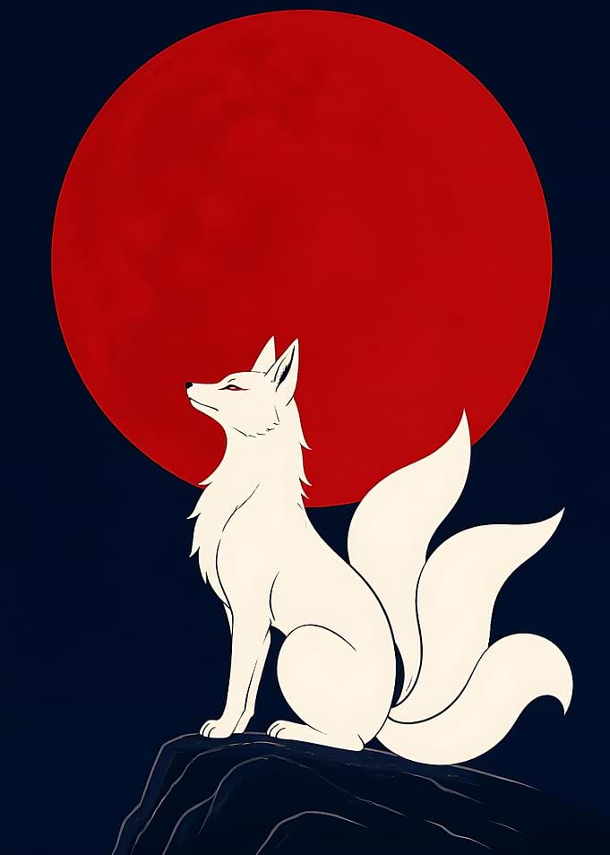 White Kitsune Under Red Moon