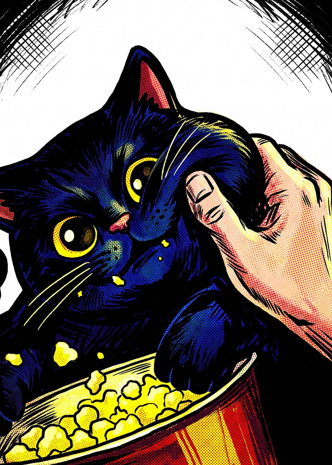 Cute Black Cat Eating Popcorn