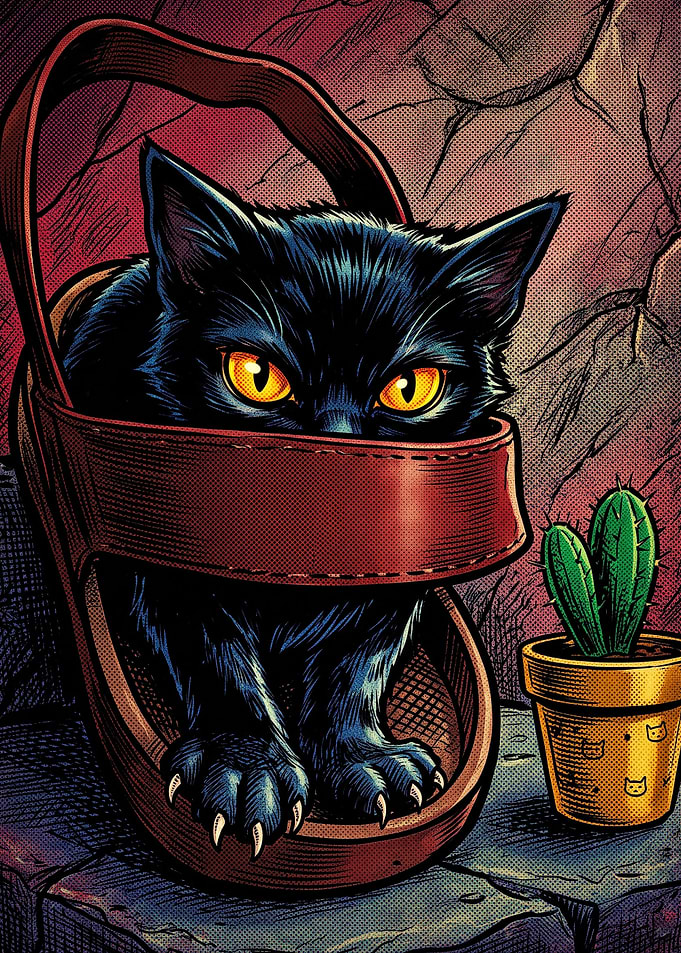 Black Cat in Leather Basket
