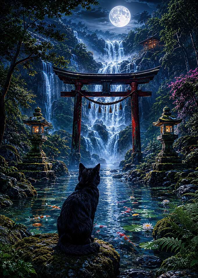 Black Cat at Japanese Shrine Waterfall