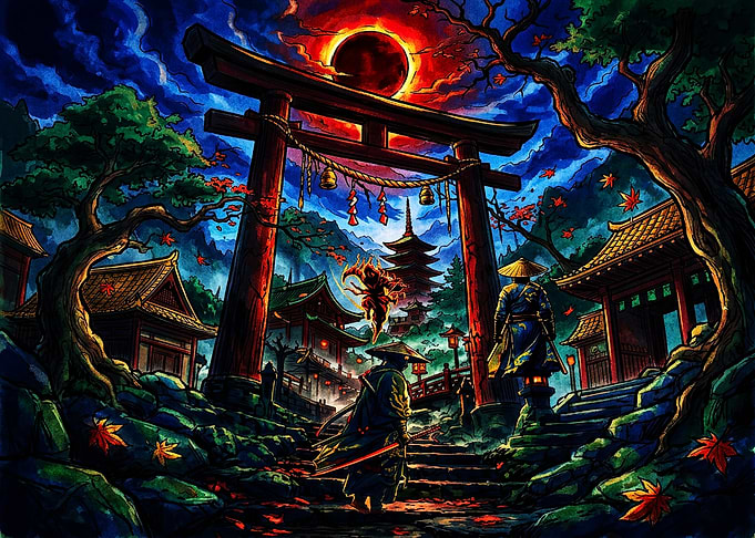 Samurai at Torii Gate Under Eclipse