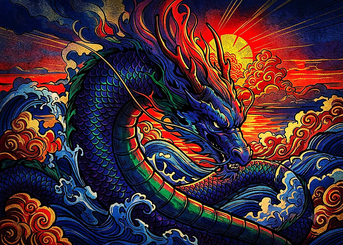 Vibrant Japanese Dragon Over Ocean Waves