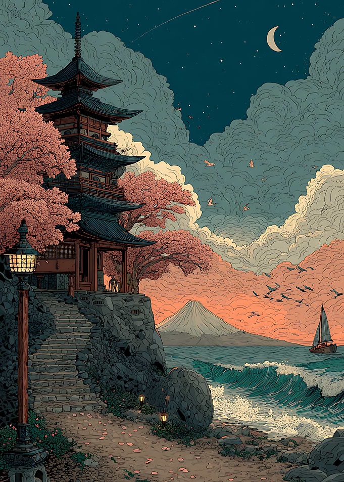 Japanese Pagoda by the Sea