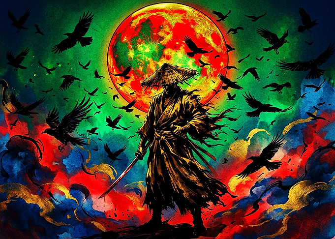 Samurai Warrior Under Blood Moon