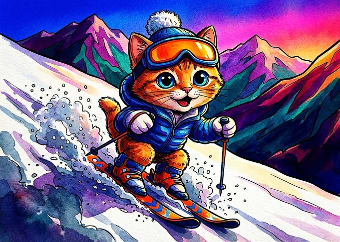 Cute Cat Skiing in Mountains