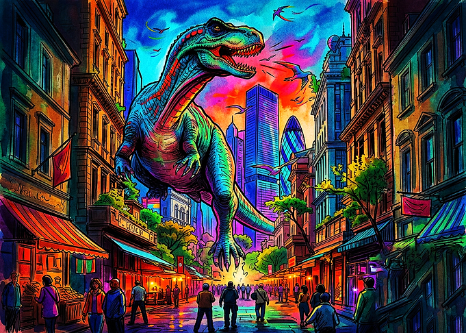 Neon Dinosaur Roaming City Streets