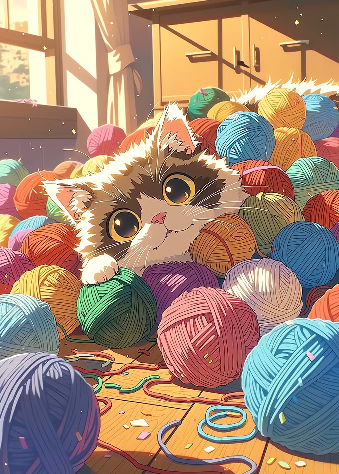 Cute kitten playing with yarn balls