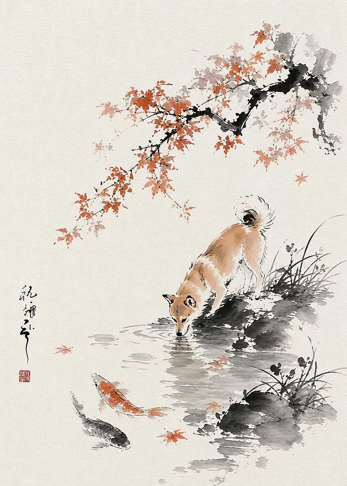 Shiba Inu Drinking by Koi Pond