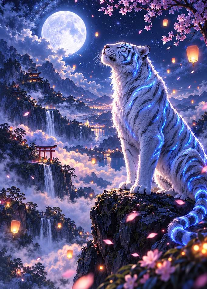 Majestic White Tiger Under Moonlight
