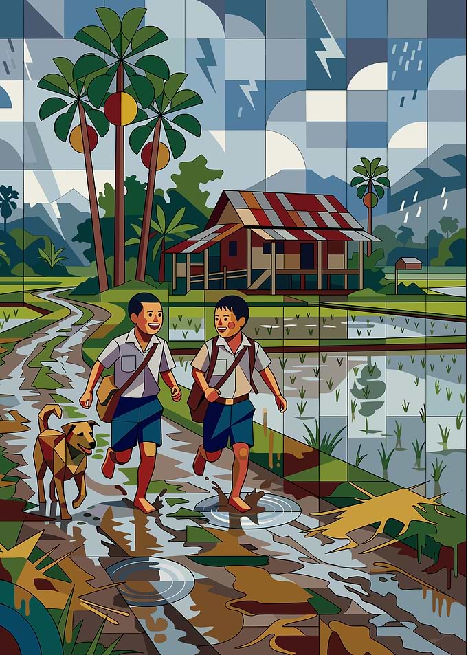 Schoolboys Running Through Rural Rice Fields