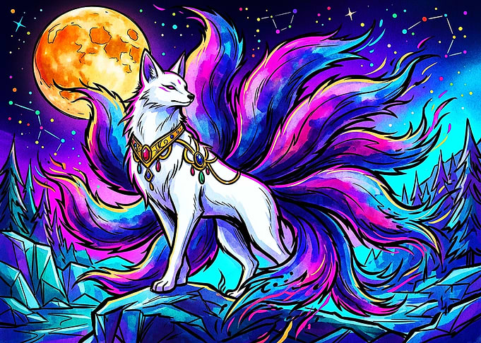 Majestic Nine-Tailed Kitsune Under Moon