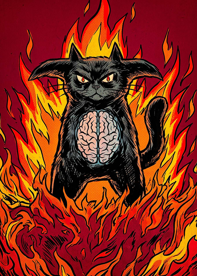Fiery Black Cat with Exposed Brain