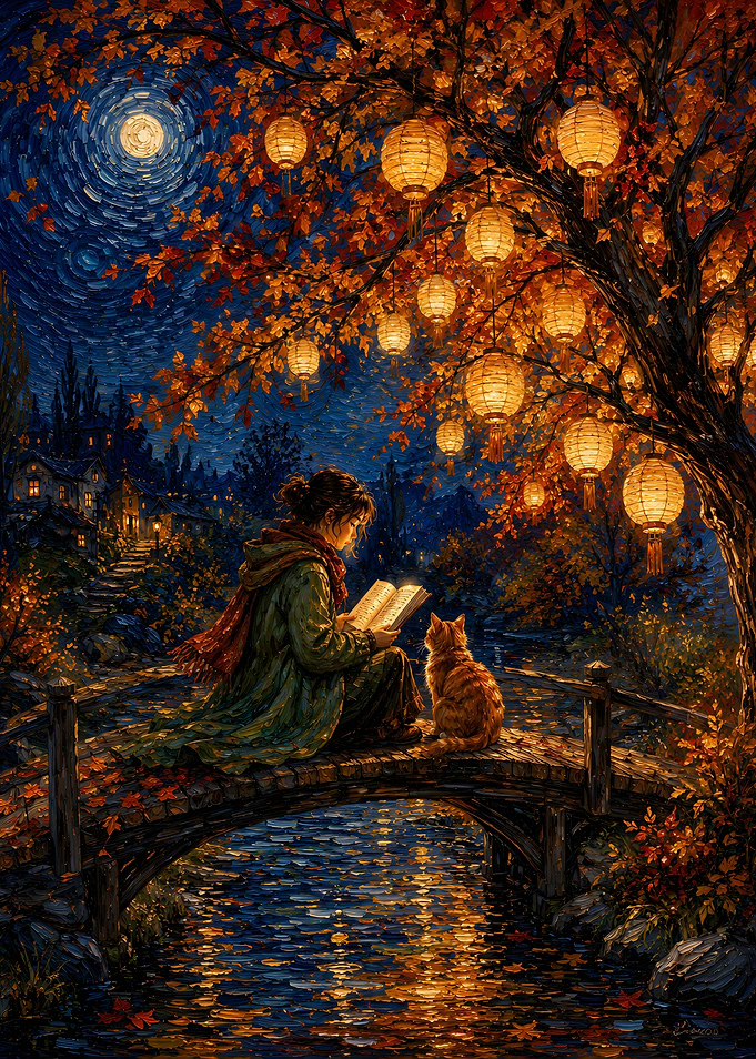 Girl Reading Under Autumn Lanterns