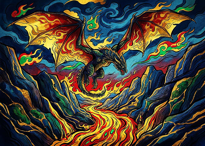 Fiery Dragon Soaring Over Lava