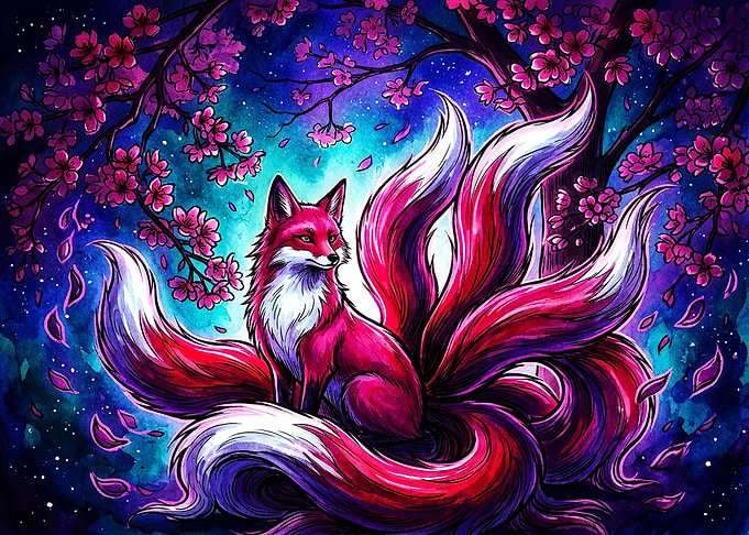 Nine-Tailed Fox Under Cherry Blossoms