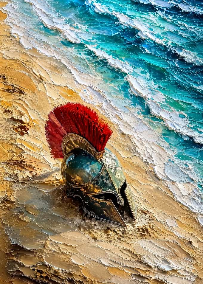 Spartan Helmet on Sandy Beach the odyssey