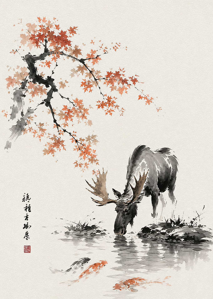 Moose Drinking by Koi Pond