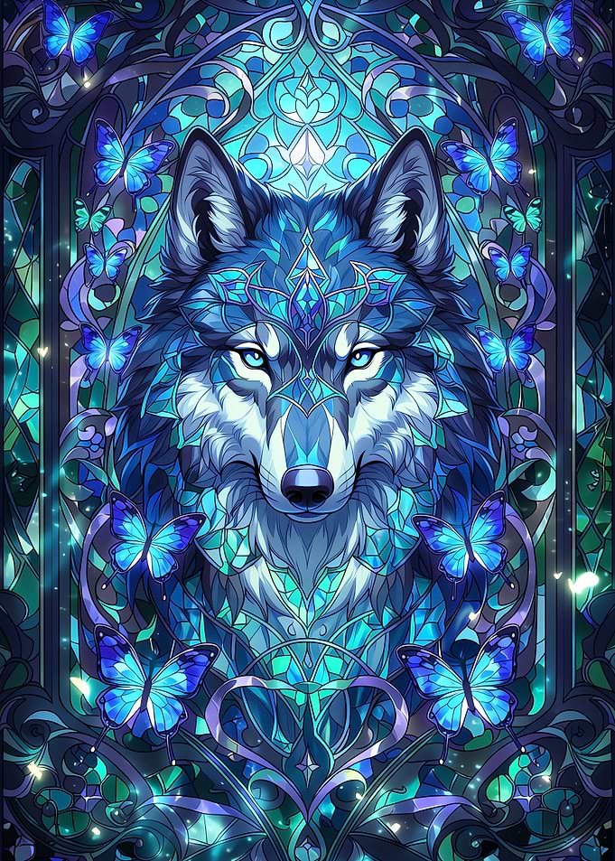 Wolf and butterflies stained glass