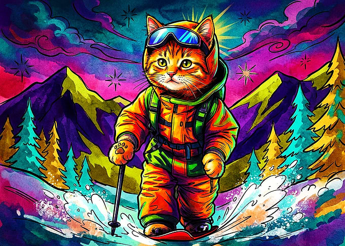 Colorful Cat Snowboarding in Mountains