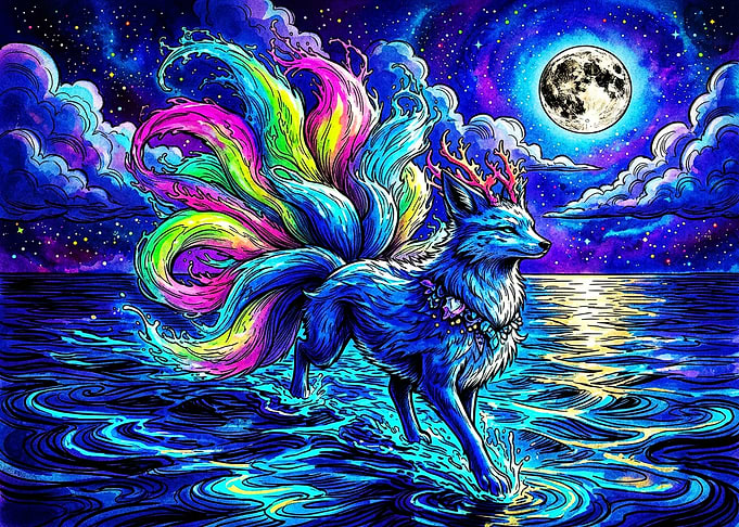 Rainbow Nine-Tailed Fox at Night