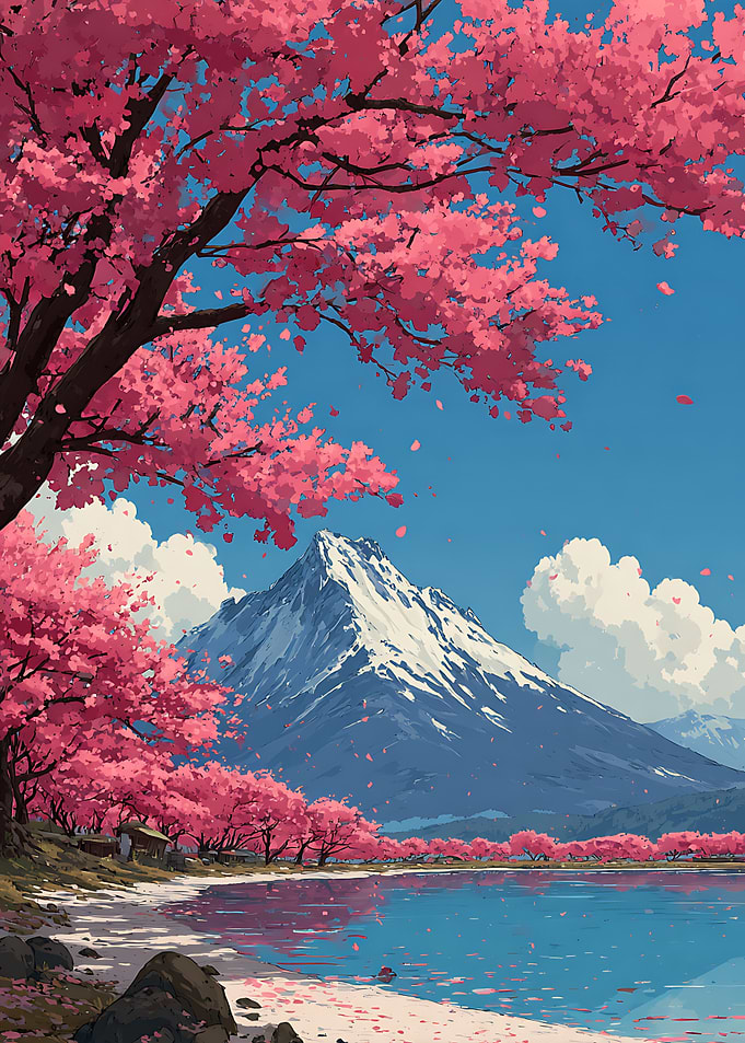 Cherry Blossoms by Mountain Lake