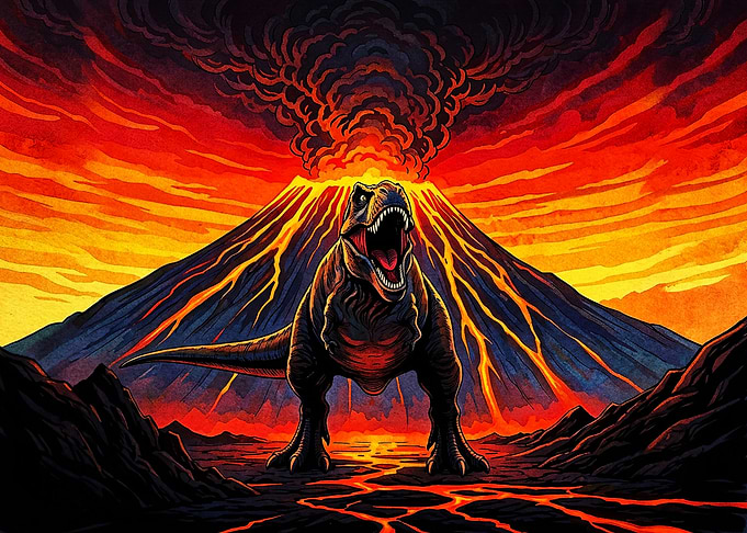 T-Rex Roaring Before Erupting Volcano