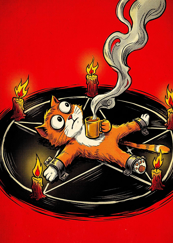 Funny Cat Ritual Coffee Illustration