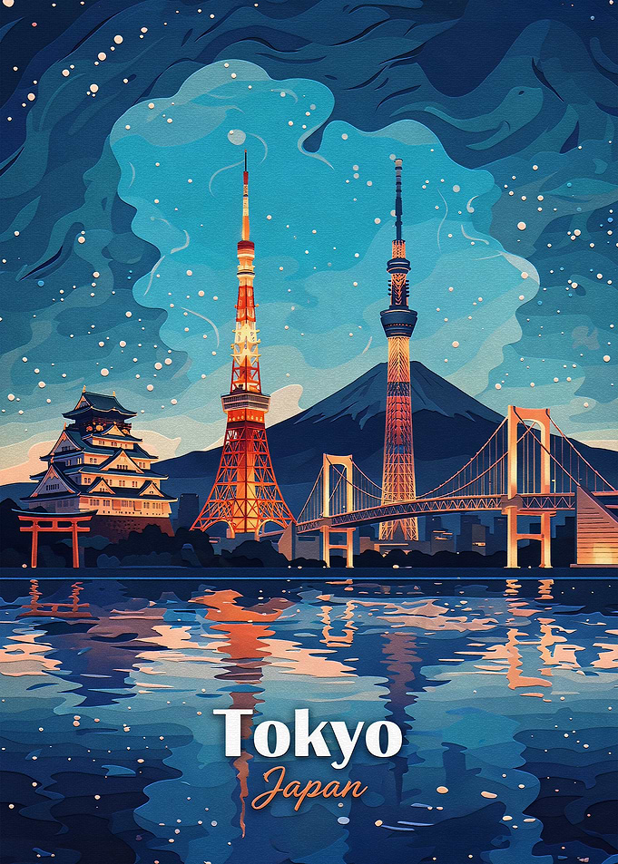 Tokyo Japan Night Skyline Illustration
