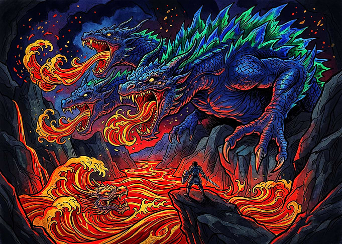 Knight Facing a Three-Headed Dragon