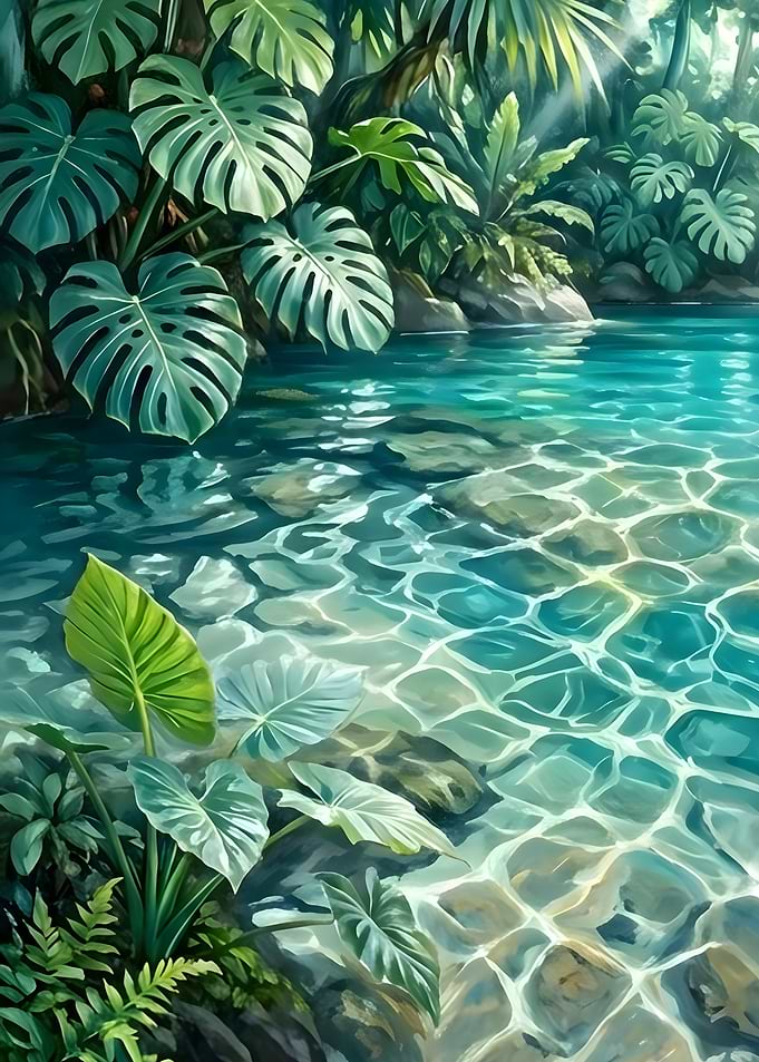 Lush Tropical Lake with Monstera and Alocasia