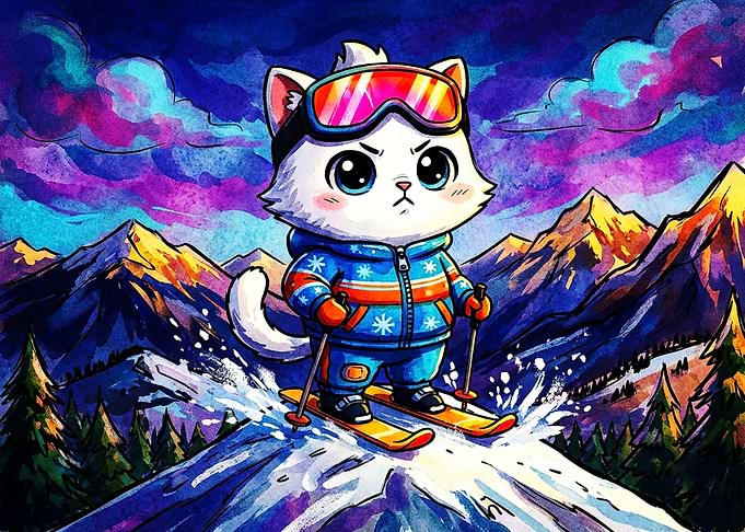 Cute Cat Skiing in Mountains