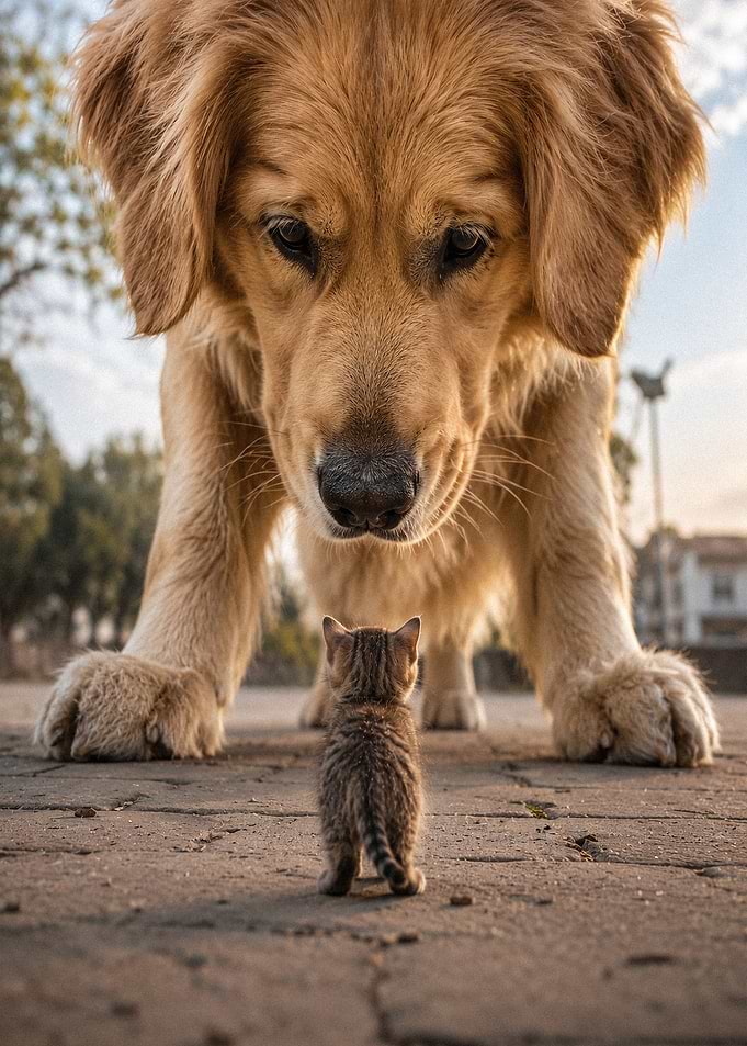 Giant Golden Retriever Meeting Tiny Kitten