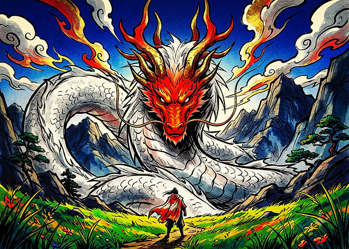 Warrior Facing a Majestic Dragon