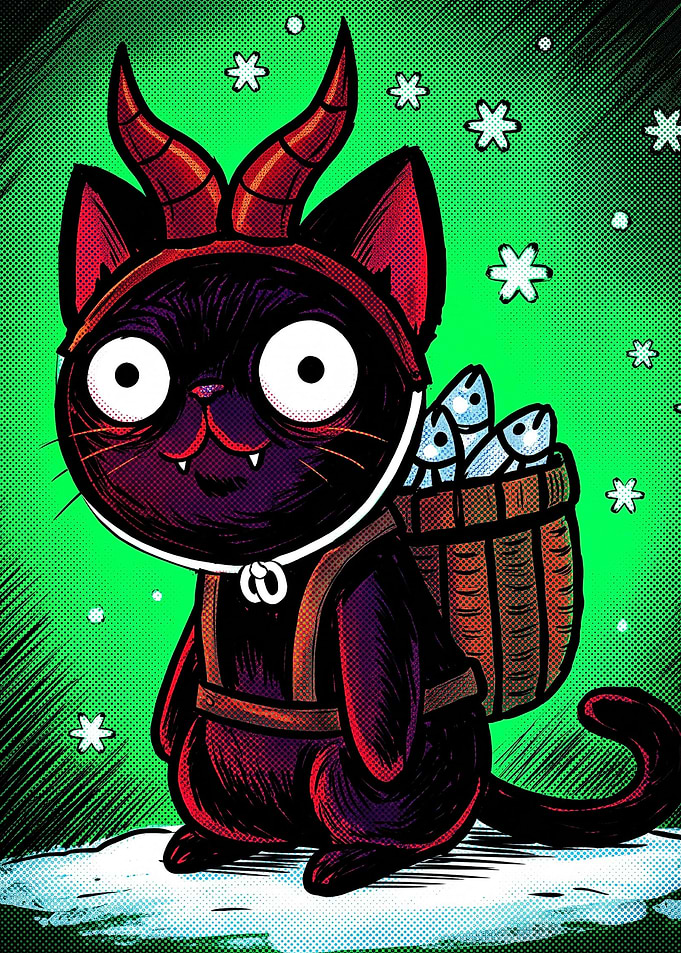 Cute Devil Cat with Fish Basket