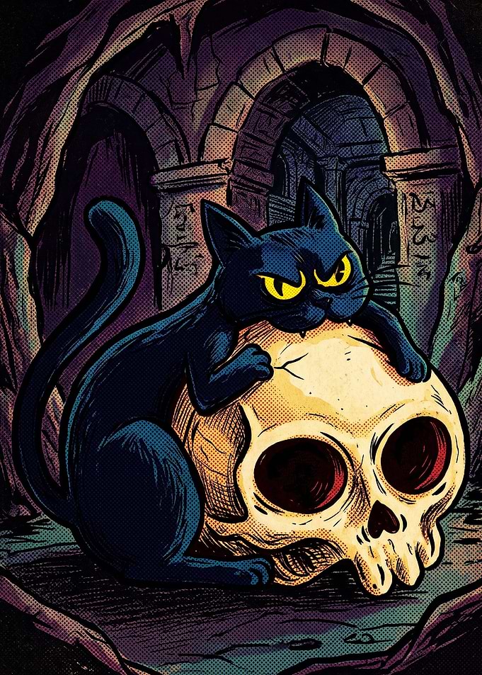 Black Cat Resting on a Skull