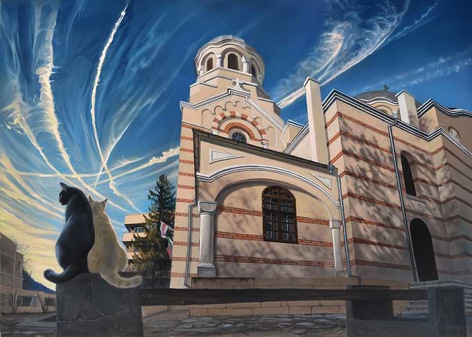 Two Cats Watching a Church Sunset