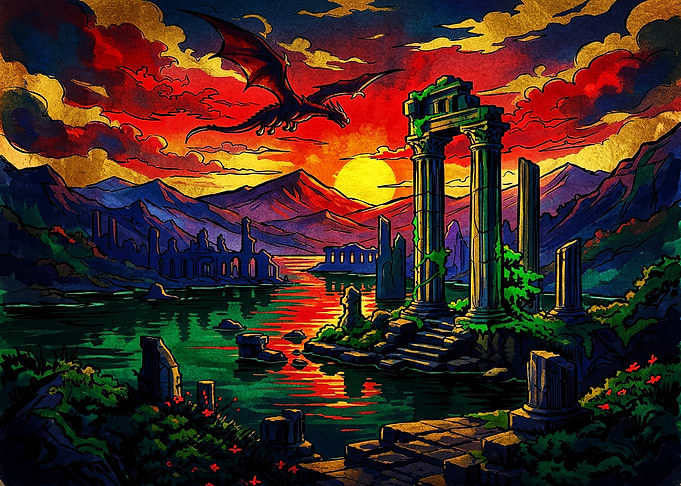 Dragon Flying Over Ancient Ruins