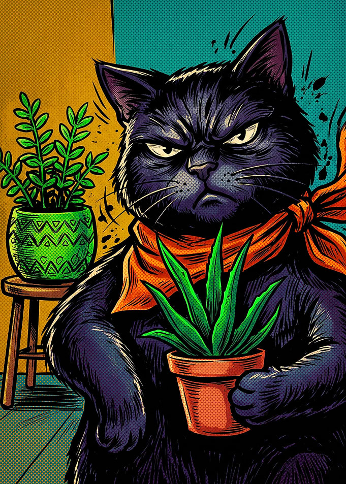 Grumpy Black Cat Holding Plant