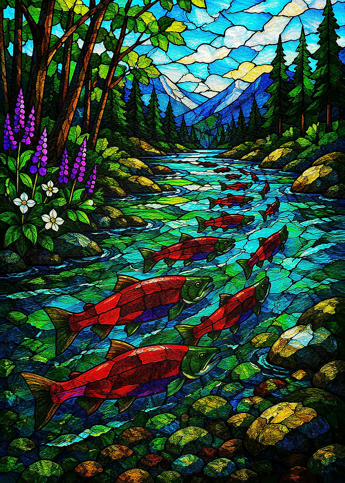 Stained Glass Salmon River Landscape