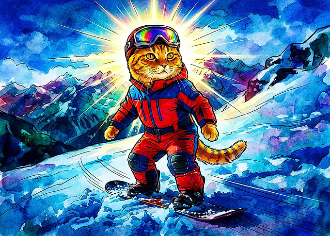 Cool Cat Snowboarding in Mountains