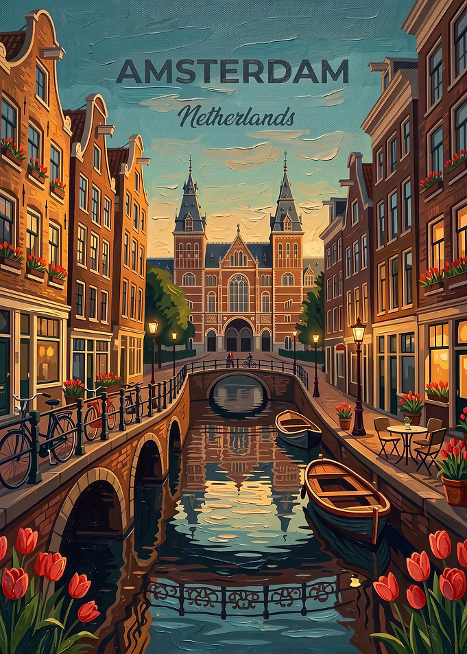 Vintage Amsterdam Canal Travel Poster