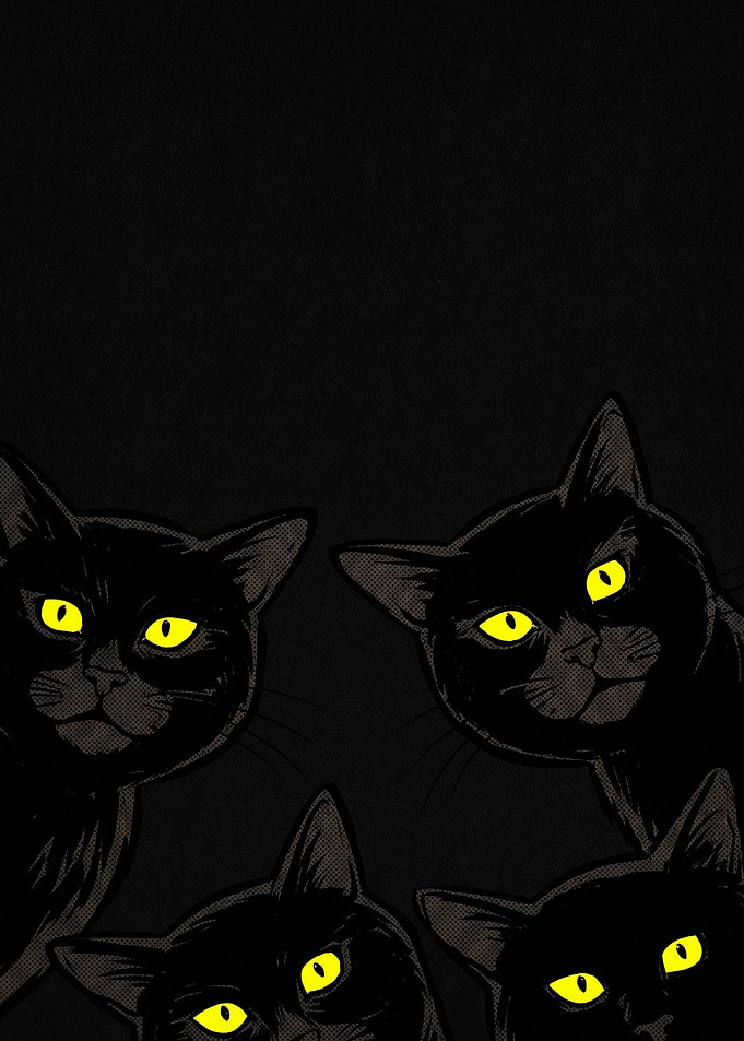 Four Black Cats with Yellow Eyes