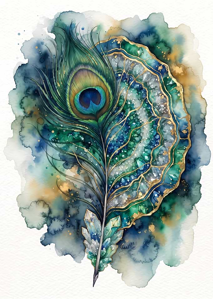 Peacock Feather and Crystal Geode Art