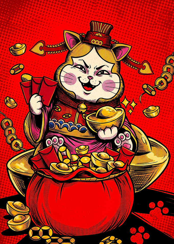Lucky Cat with Chinese Gold Ingots